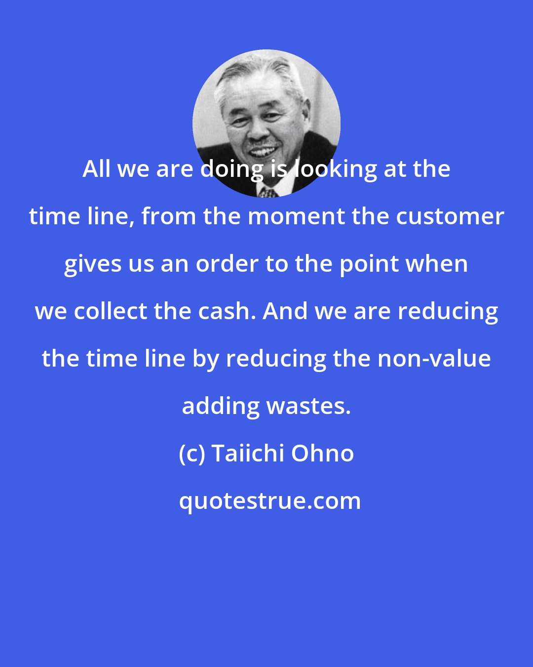 Taiichi Ohno: All we are doing is looking at the time line, from the moment the customer gives us an order to the point when we collect the cash. And we are reducing the time line by reducing the non-value adding wastes.