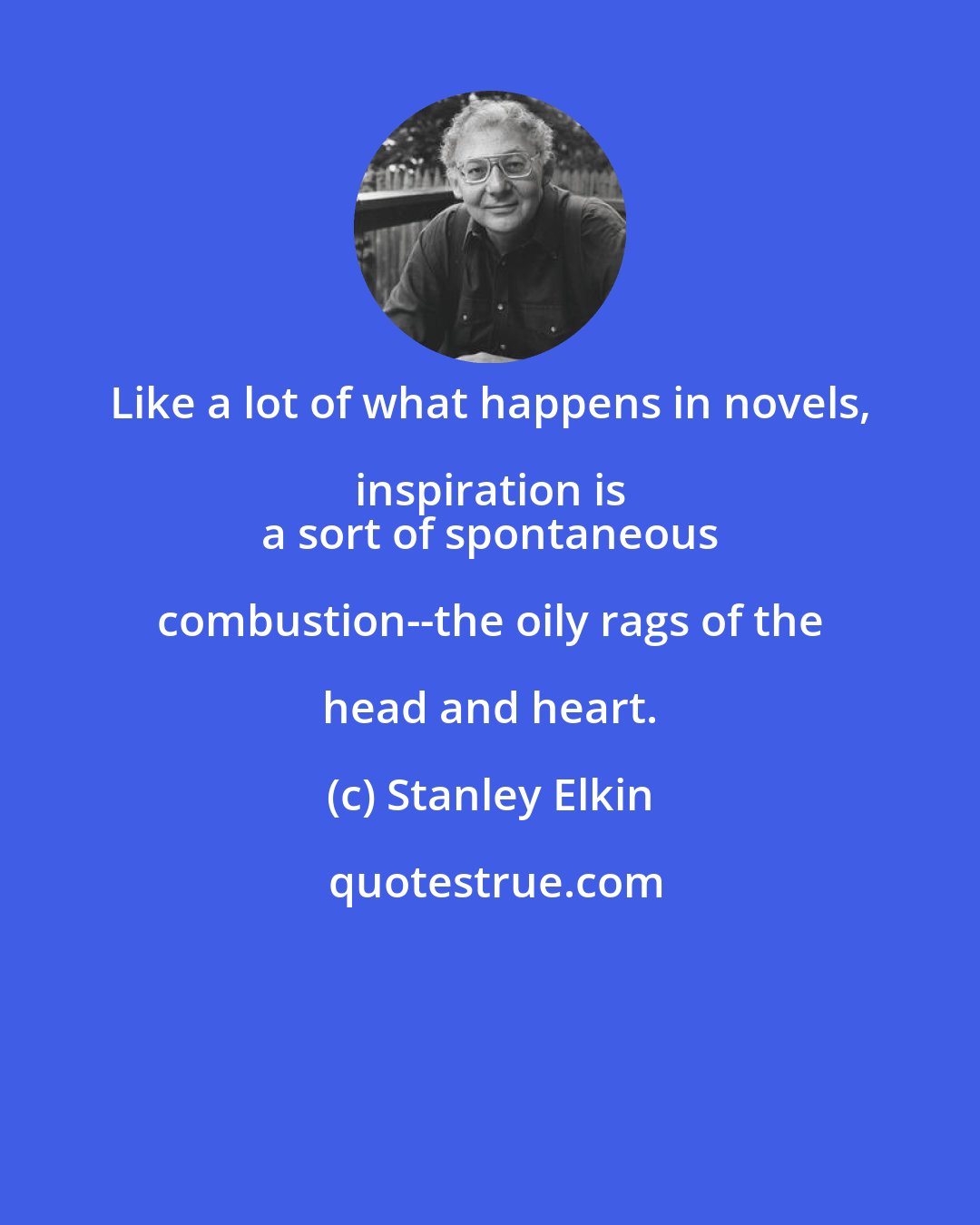Stanley Elkin: Like a lot of what happens in novels, inspiration is 
 a sort of spontaneous combustion--the oily rags of the head and heart.
