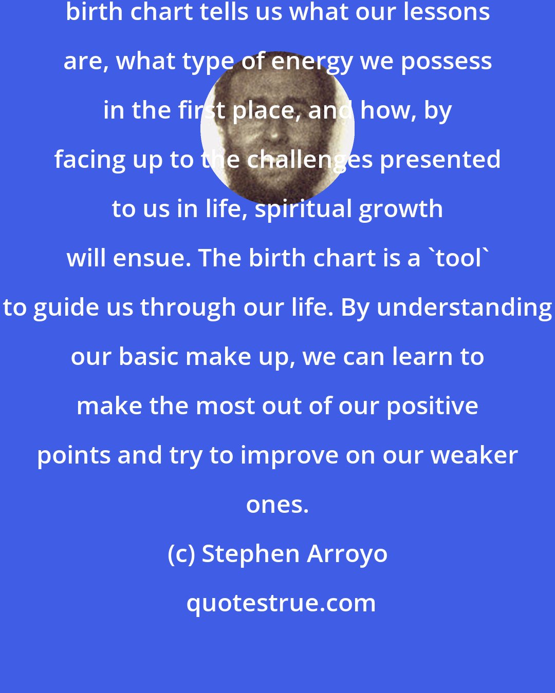 Stephen Arroyo: We are here to learn lessons and our birth chart tells us what our lessons are, what type of energy we possess in the first place, and how, by facing up to the challenges presented to us in life, spiritual growth will ensue. The birth chart is a 'tool' to guide us through our life. By understanding our basic make up, we can learn to make the most out of our positive points and try to improve on our weaker ones.
