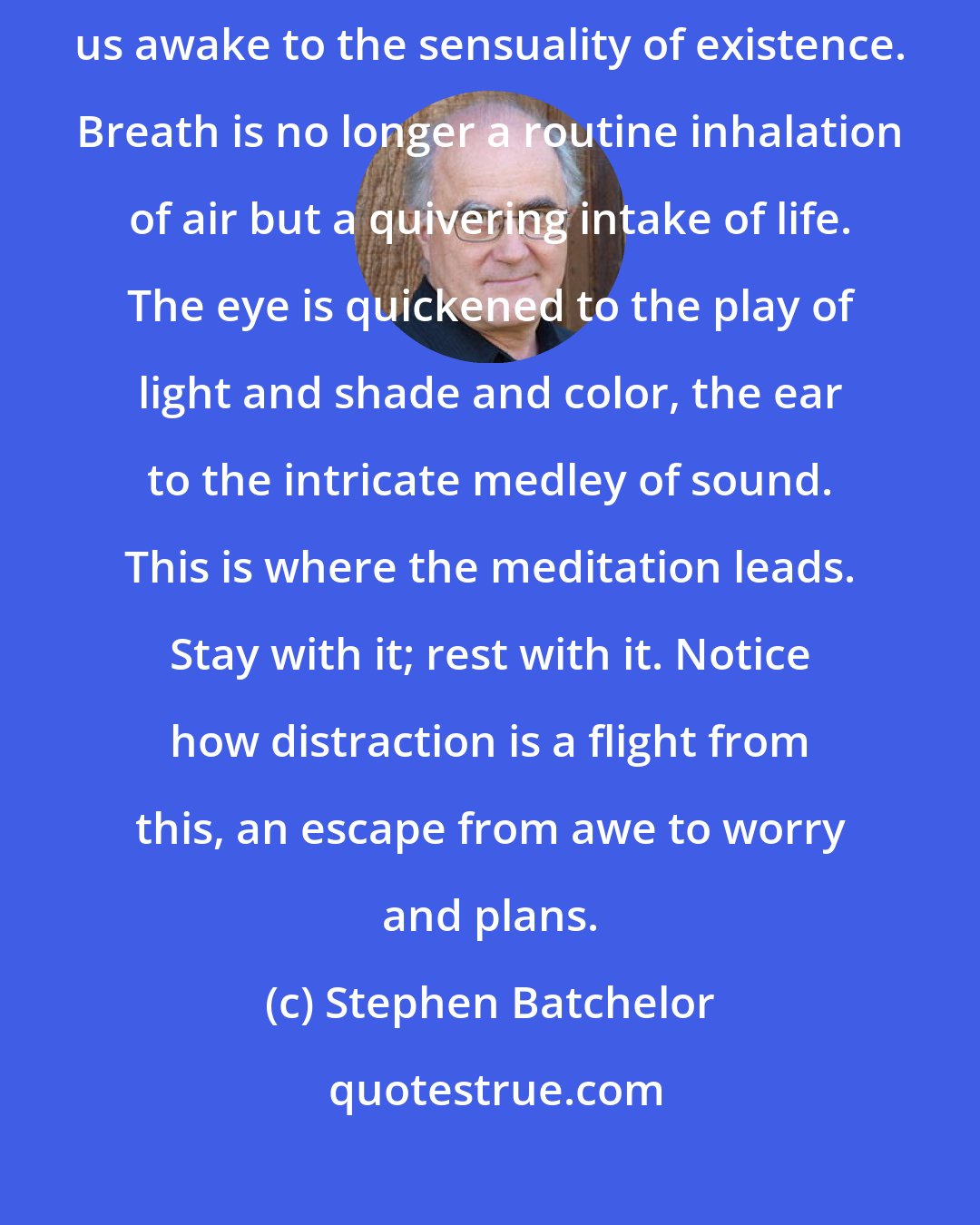 Stephen Batchelor: How extraordinary it is to be here at all. Awareness of death can jolt us awake to the sensuality of existence. Breath is no longer a routine inhalation of air but a quivering intake of life. The eye is quickened to the play of light and shade and color, the ear to the intricate medley of sound. This is where the meditation leads. Stay with it; rest with it. Notice how distraction is a flight from this, an escape from awe to worry and plans.