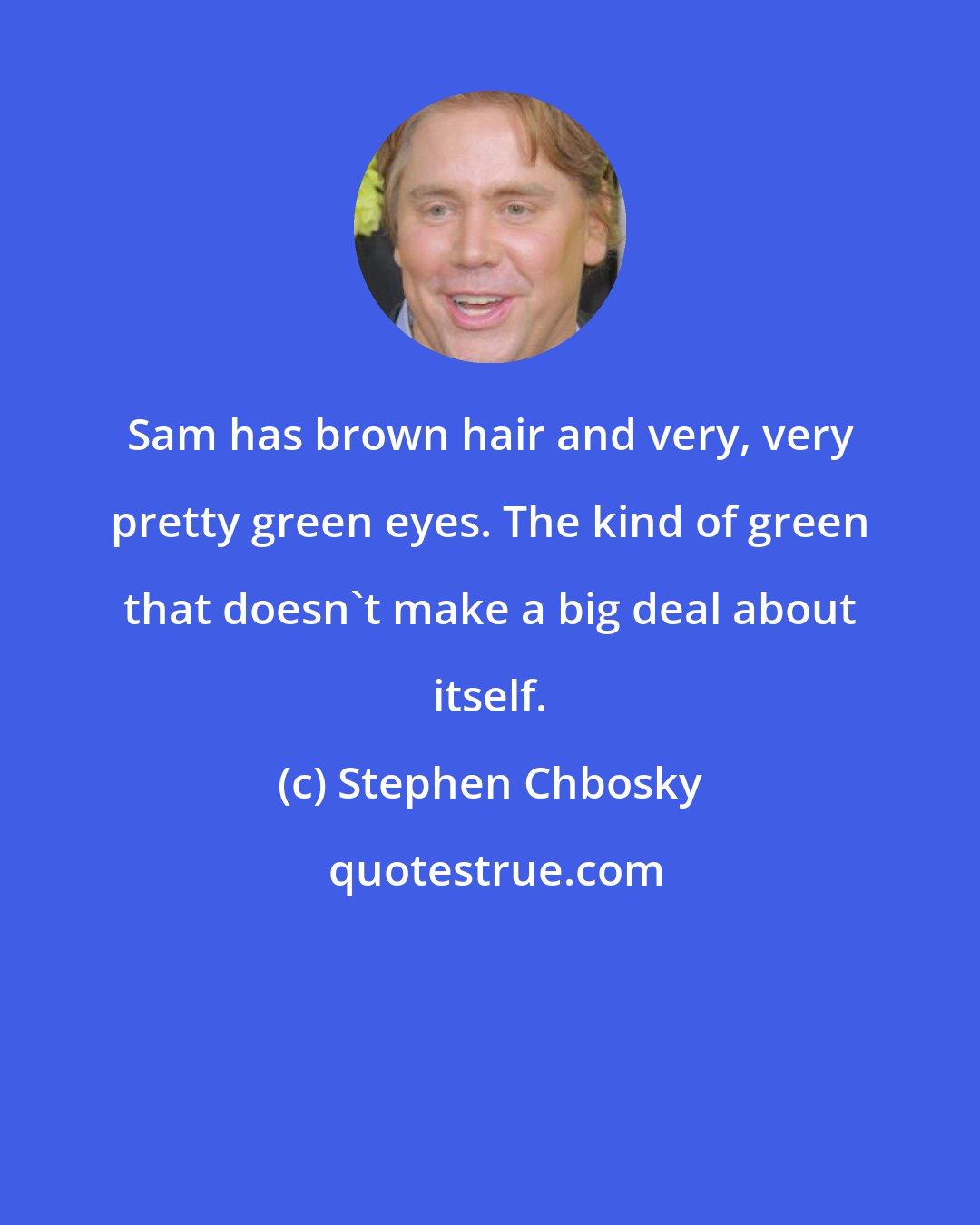 Stephen Chbosky: Sam has brown hair and very, very pretty green eyes. The kind of green that doesn't make a big deal about itself.