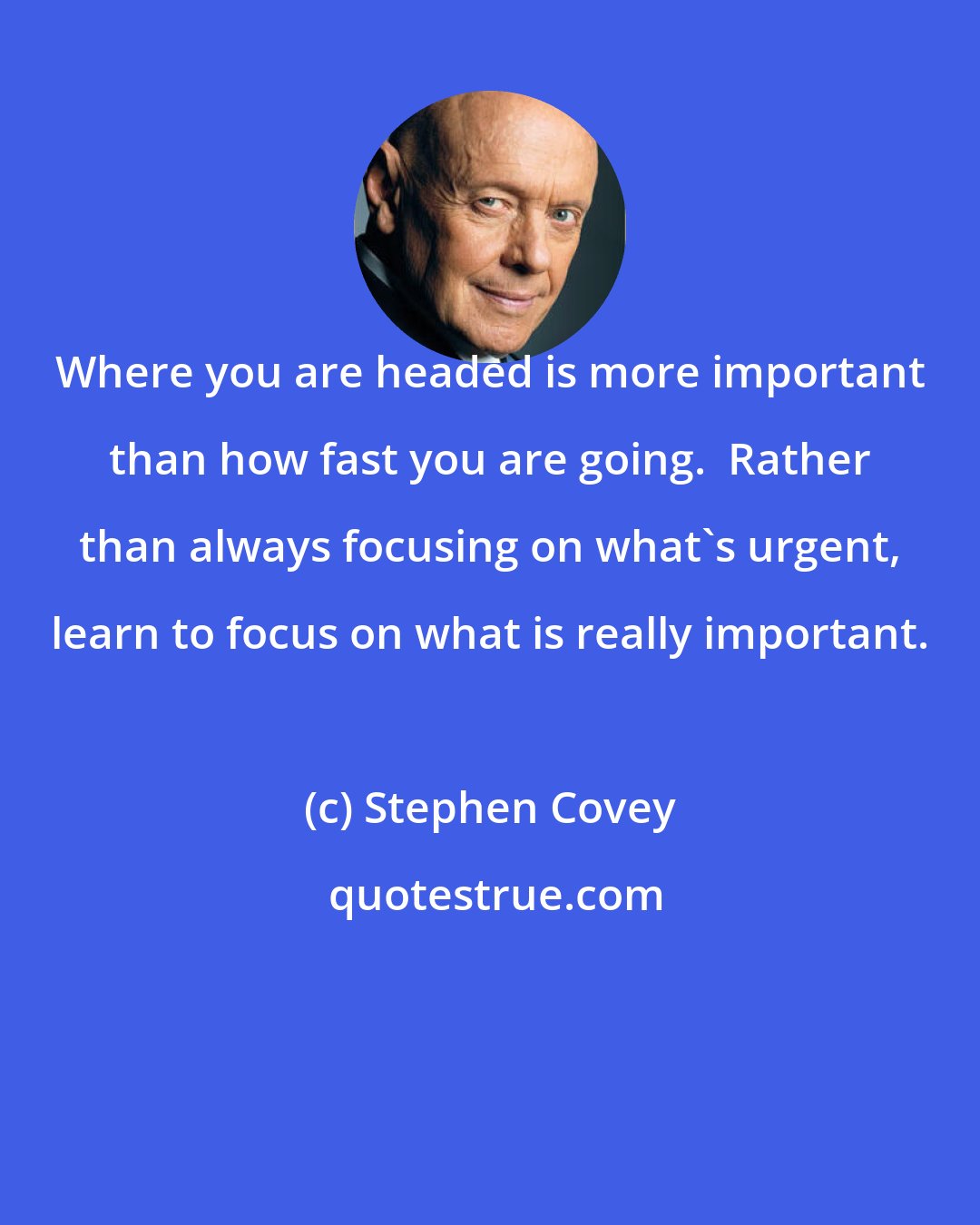 Stephen Covey: Where you are headed is more important than how fast you are going.  Rather than always focusing on what's urgent, learn to focus on what is really important.