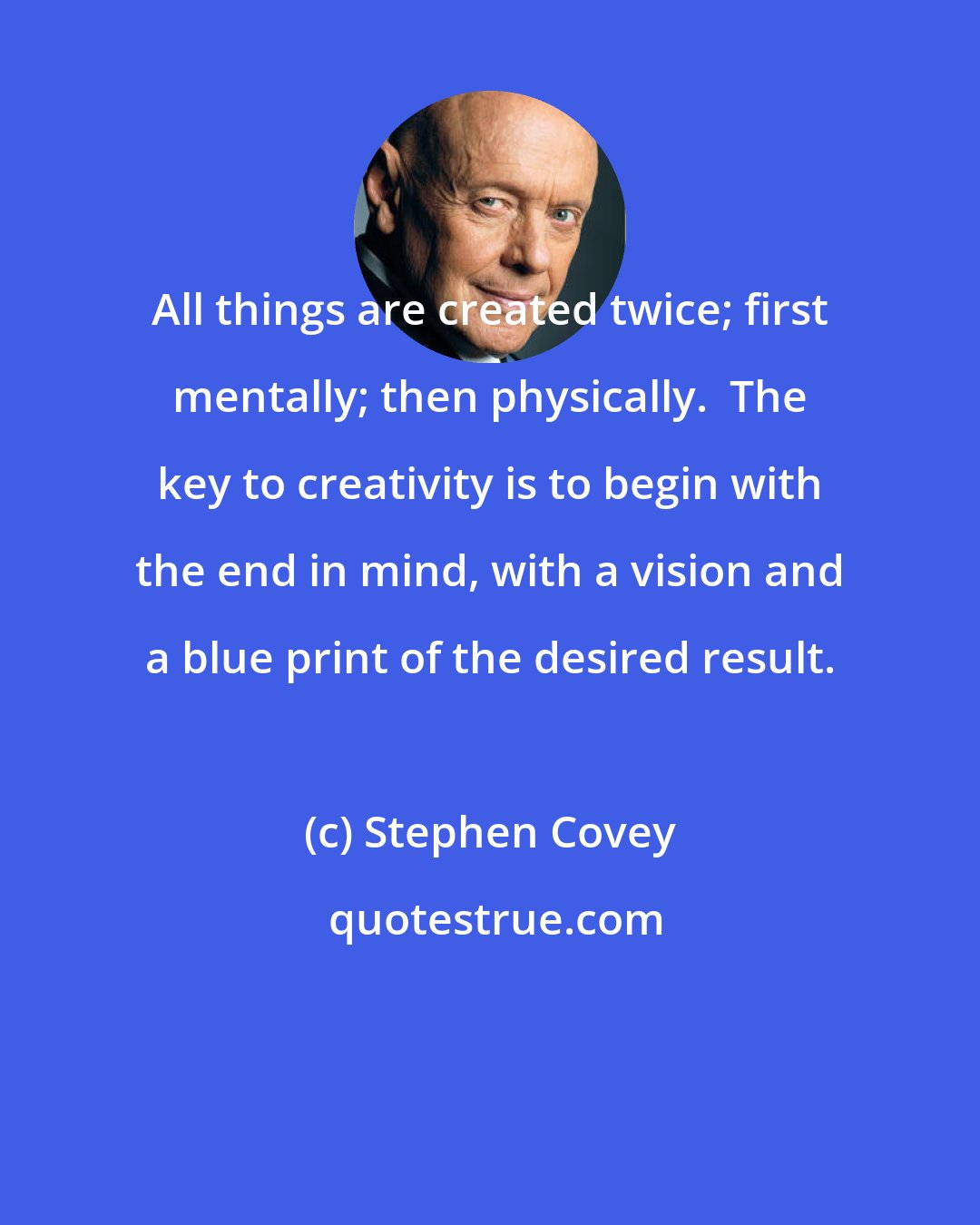 Stephen Covey: All things are created twice; first mentally; then physically.  The key to creativity is to begin with the end in mind, with a vision and a blue print of the desired result.