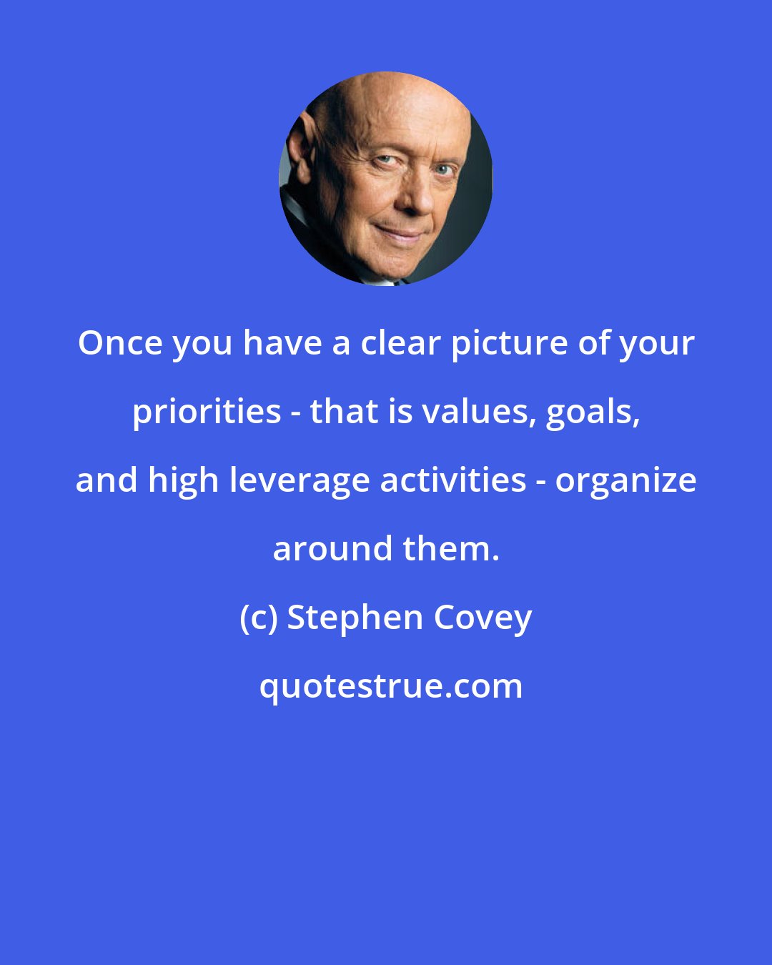 Stephen Covey: Once you have a clear picture of your priorities - that is values, goals, and high leverage activities - organize around them.