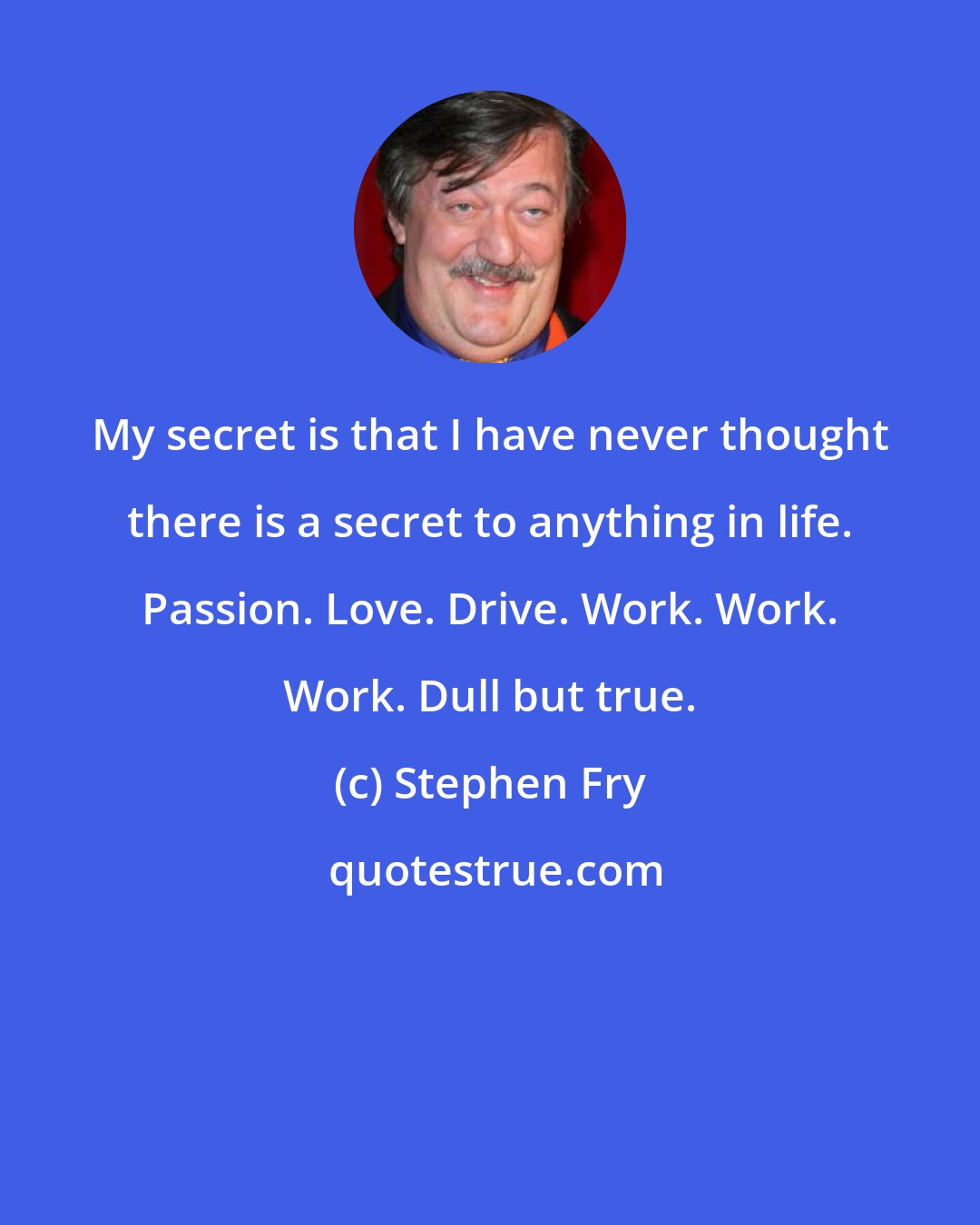 Stephen Fry: My secret is that I have never thought there is a secret to anything in life. Passion. Love. Drive. Work. Work. Work. Dull but true.