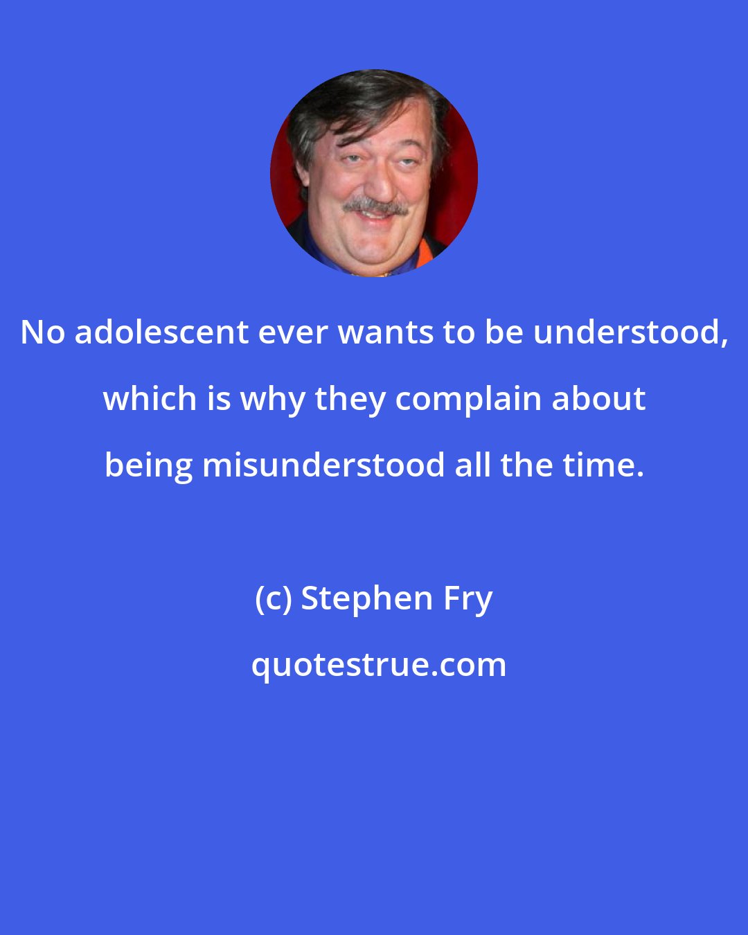 Stephen Fry: No adolescent ever wants to be understood, which is why they complain about being misunderstood all the time.