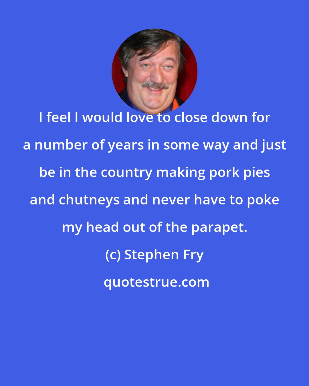 Stephen Fry: I feel I would love to close down for a number of years in some way and just be in the country making pork pies and chutneys and never have to poke my head out of the parapet.