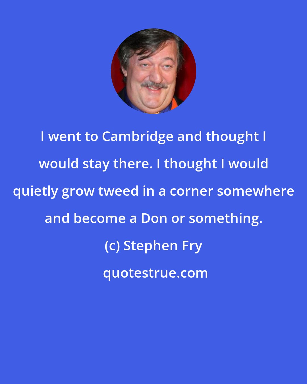 Stephen Fry: I went to Cambridge and thought I would stay there. I thought I would quietly grow tweed in a corner somewhere and become a Don or something.