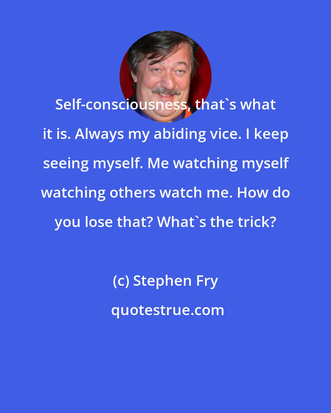 Stephen Fry: Self-consciousness, that's what it is. Always my abiding vice. I keep seeing myself. Me watching myself watching others watch me. How do you lose that? What's the trick?