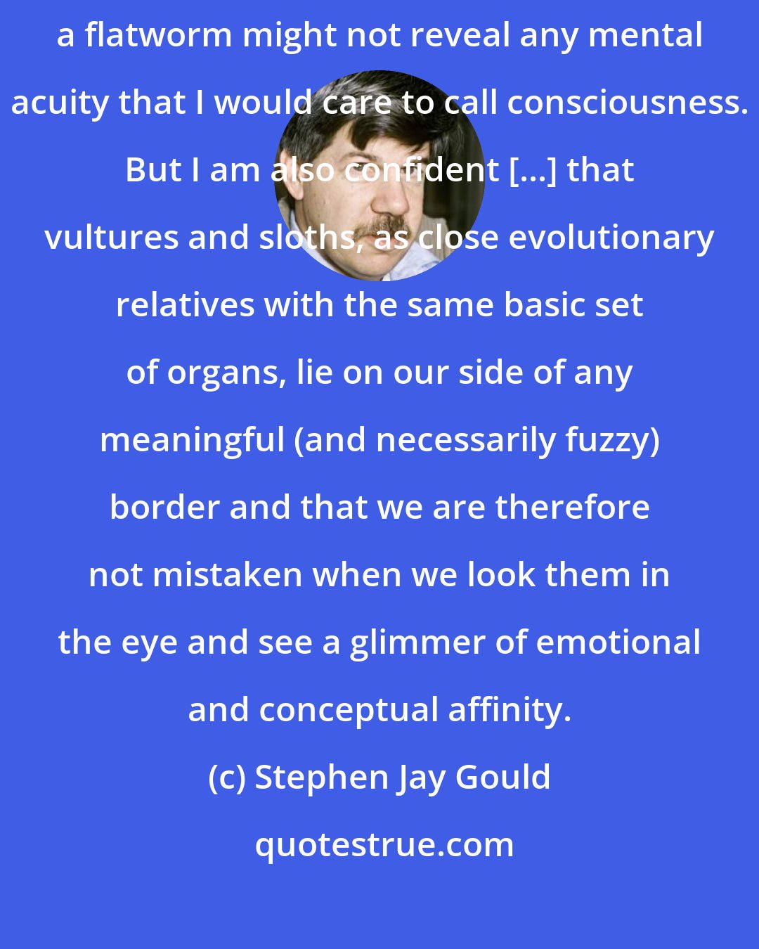 Stephen Jay Gould: I am willing to believe that my unobtainable sixty seconds within a sponge or a flatworm might not reveal any mental acuity that I would care to call consciousness. But I am also confident [...] that vultures and sloths, as close evolutionary relatives with the same basic set of organs, lie on our side of any meaningful (and necessarily fuzzy) border and that we are therefore not mistaken when we look them in the eye and see a glimmer of emotional and conceptual affinity.