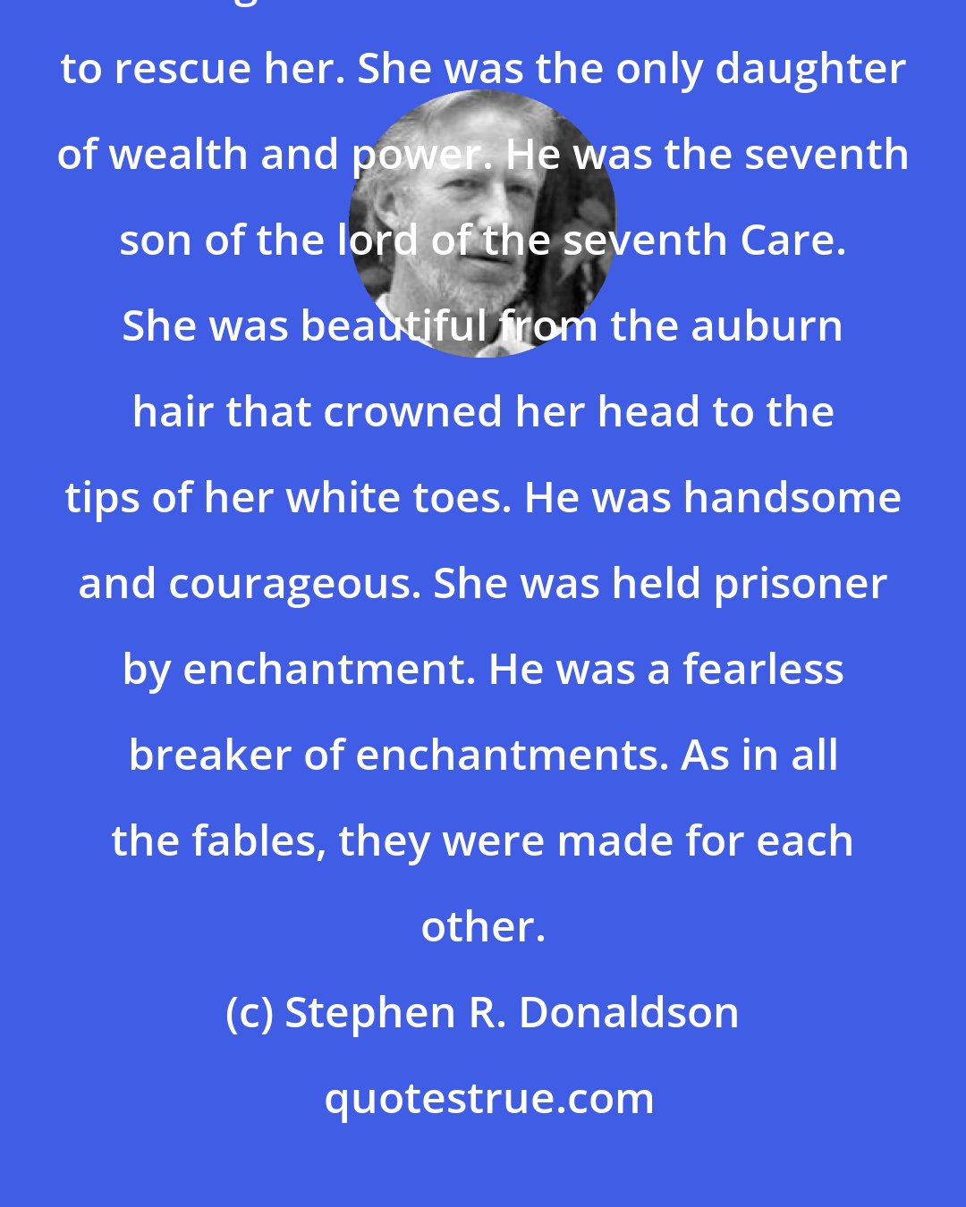 Stephen R. Donaldson: The story of Terisa and Geraden began very much like a fable. She was a princess in a high tower. He was a hero come to rescue her. She was the only daughter of wealth and power. He was the seventh son of the lord of the seventh Care. She was beautiful from the auburn hair that crowned her head to the tips of her white toes. He was handsome and courageous. She was held prisoner by enchantment. He was a fearless breaker of enchantments. As in all the fables, they were made for each other.