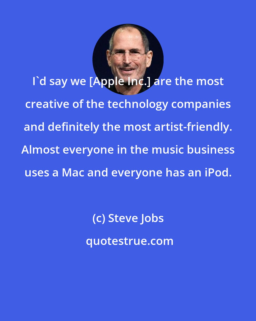 Steve Jobs: I'd say we [Apple Inc.] are the most creative of the technology companies and definitely the most artist-friendly. Almost everyone in the music business uses a Mac and everyone has an iPod.