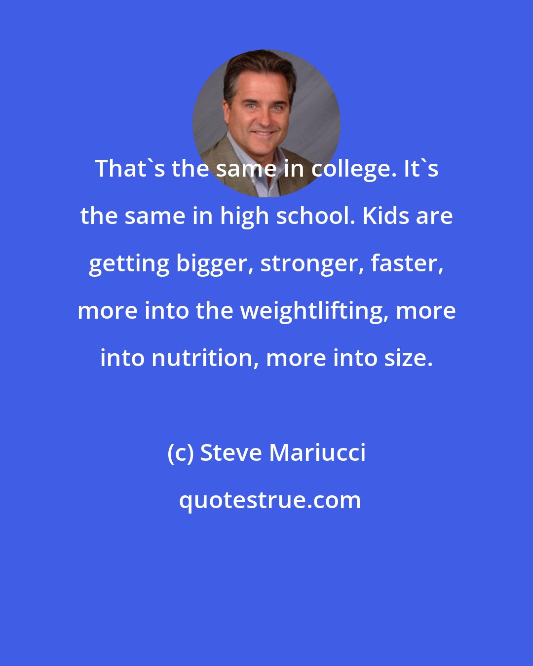 Steve Mariucci: That's the same in college. It's the same in high school. Kids are getting bigger, stronger, faster, more into the weightlifting, more into nutrition, more into size.