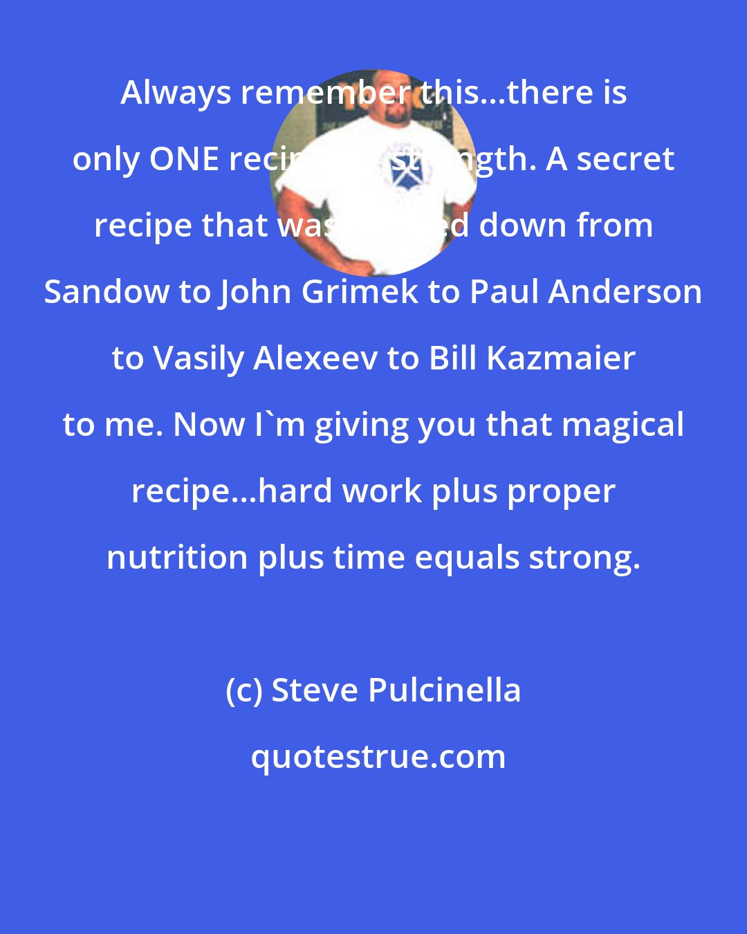 Steve Pulcinella: Always remember this...there is only ONE recipe for strength. A secret recipe that was handed down from Sandow to John Grimek to Paul Anderson to Vasily Alexeev to Bill Kazmaier to me. Now I'm giving you that magical recipe...hard work plus proper nutrition plus time equals strong.