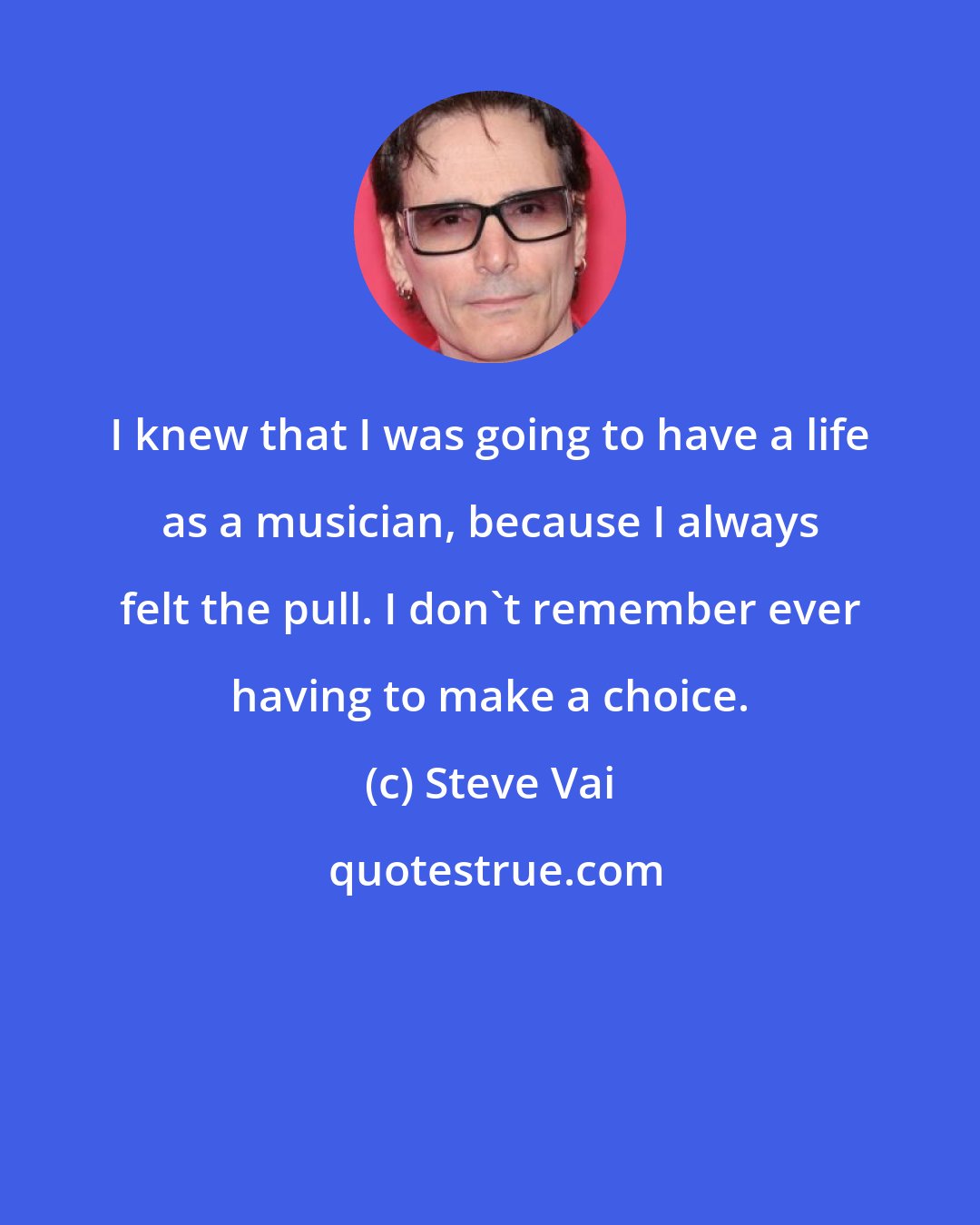Steve Vai: I knew that I was going to have a life as a musician, because I always felt the pull. I don't remember ever having to make a choice.