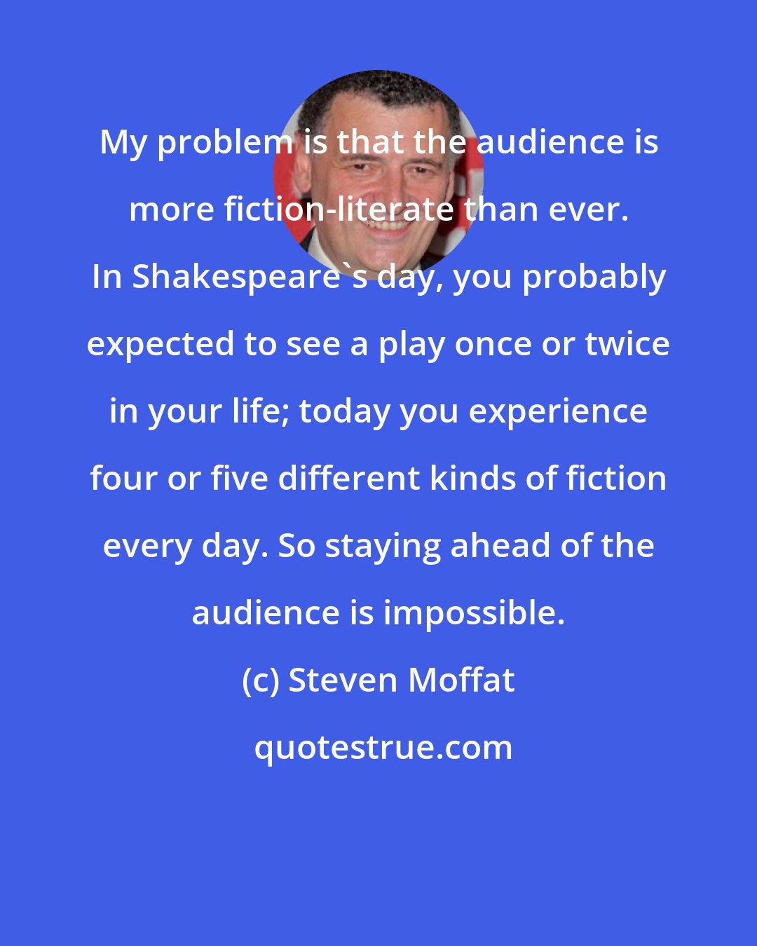 Steven Moffat: My problem is that the audience is more fiction-literate than ever. In Shakespeare's day, you probably expected to see a play once or twice in your life; today you experience four or five different kinds of fiction every day. So staying ahead of the audience is impossible.