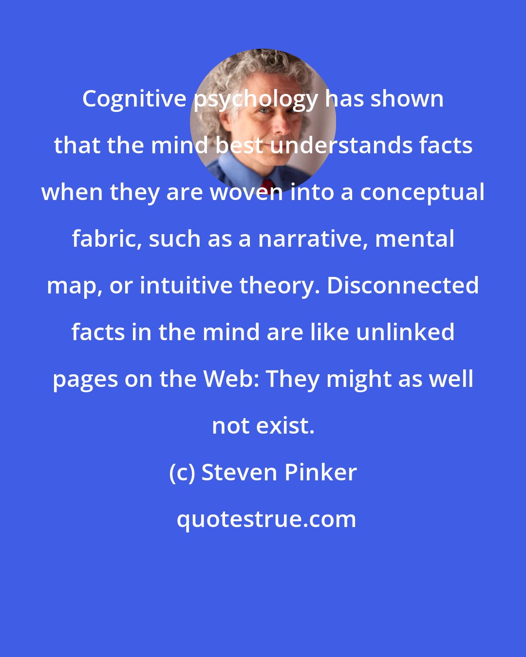 Steven Pinker: Cognitive psychology has shown that the mind best understands facts when they are woven into a conceptual fabric, such as a narrative, mental map, or intuitive theory. Disconnected facts in the mind are like unlinked pages on the Web: They might as well not exist.