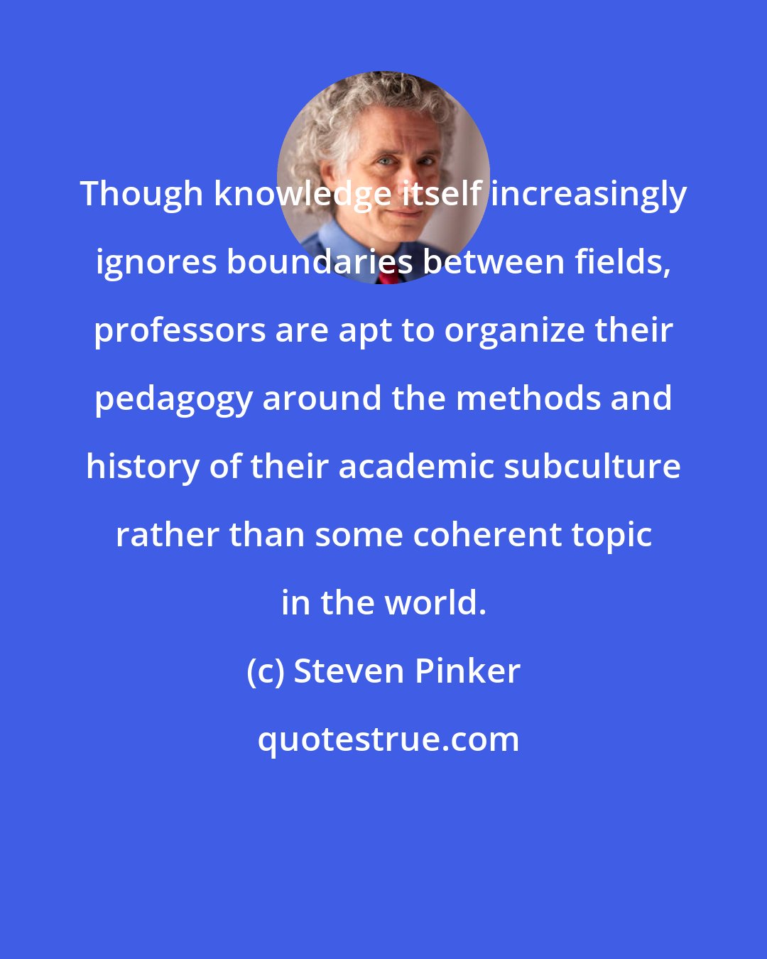 Steven Pinker: Though knowledge itself increasingly ignores boundaries between fields, professors are apt to organize their pedagogy around the methods and history of their academic subculture rather than some coherent topic in the world.