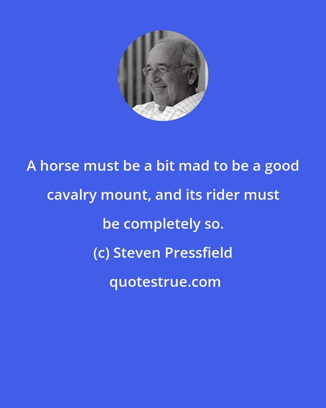 Steven Pressfield: A horse must be a bit mad to be a good cavalry mount, and its rider must be completely so.