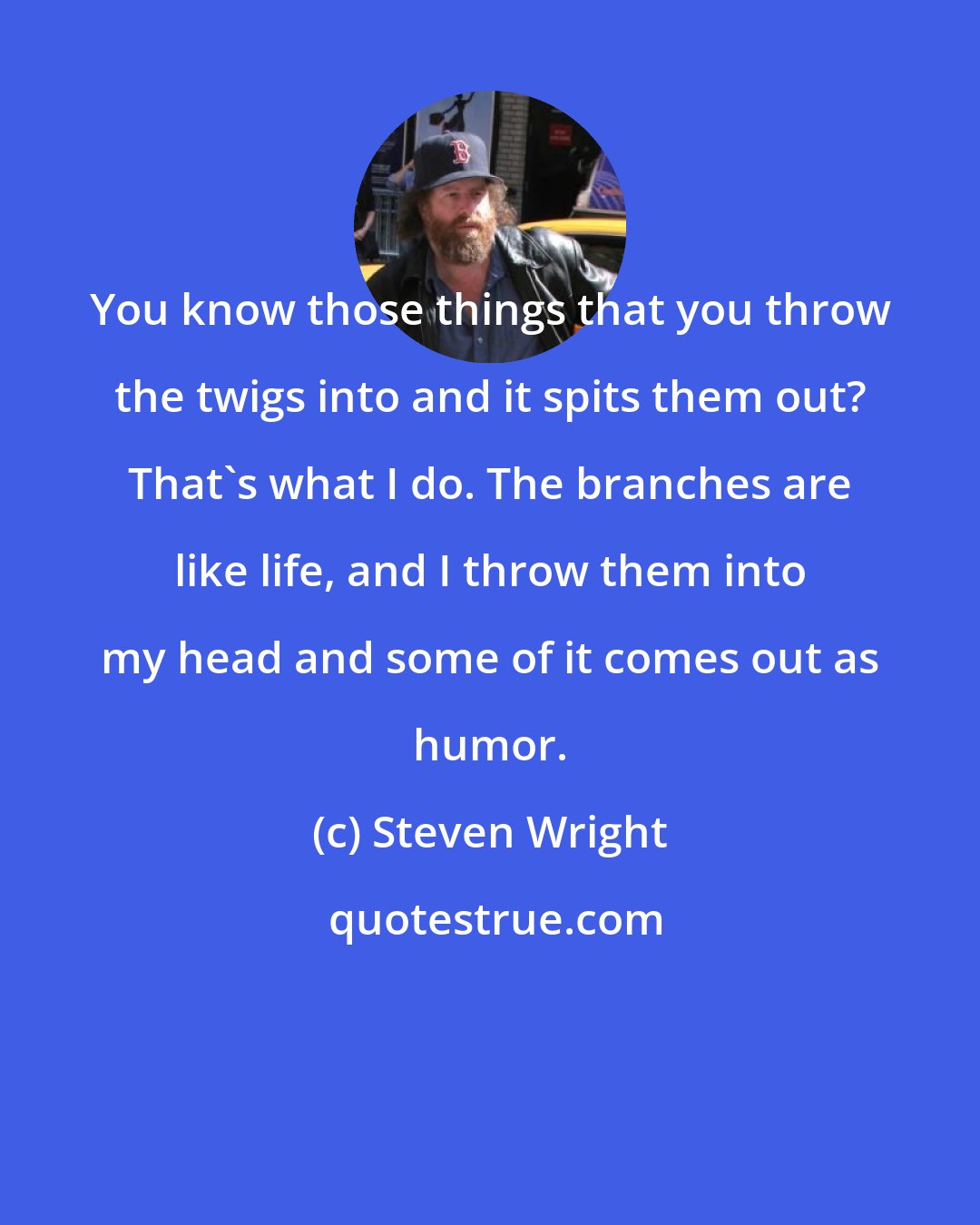 Steven Wright: You know those things that you throw the twigs into and it spits them out? That's what I do. The branches are like life, and I throw them into my head and some of it comes out as humor.