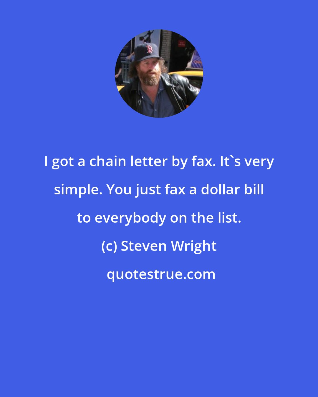 Steven Wright: I got a chain letter by fax. It's very simple. You just fax a dollar bill to everybody on the list.