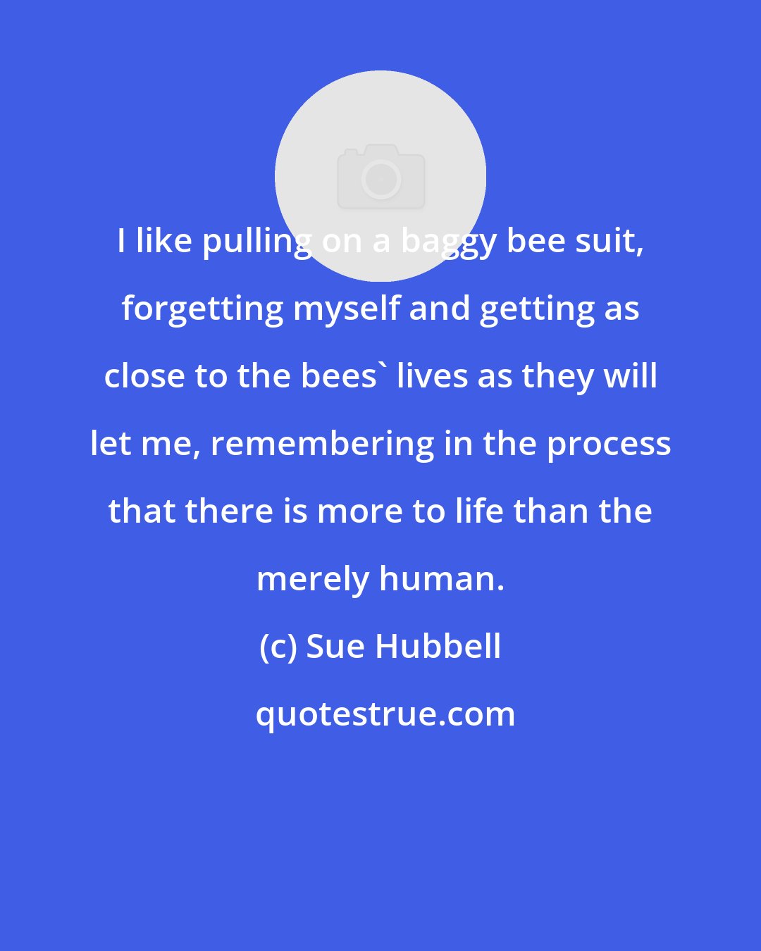 Sue Hubbell: I like pulling on a baggy bee suit, forgetting myself and getting as close to the bees' lives as they will let me, remembering in the process that there is more to life than the merely human.