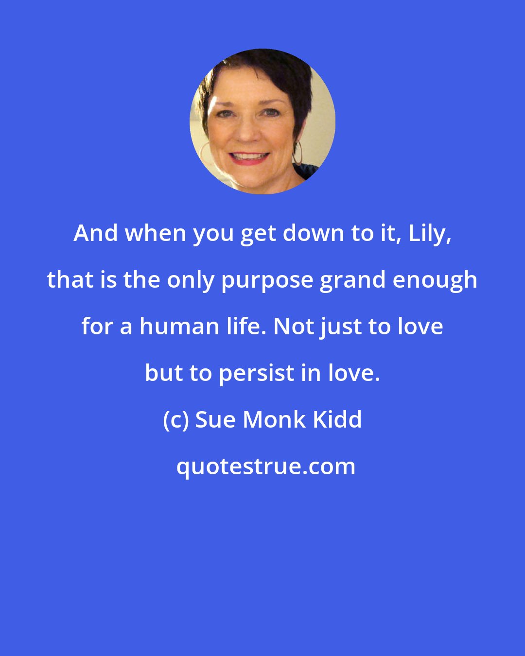 Sue Monk Kidd: And when you get down to it, Lily, that is the only purpose grand enough for a human life. Not just to love but to persist in love.