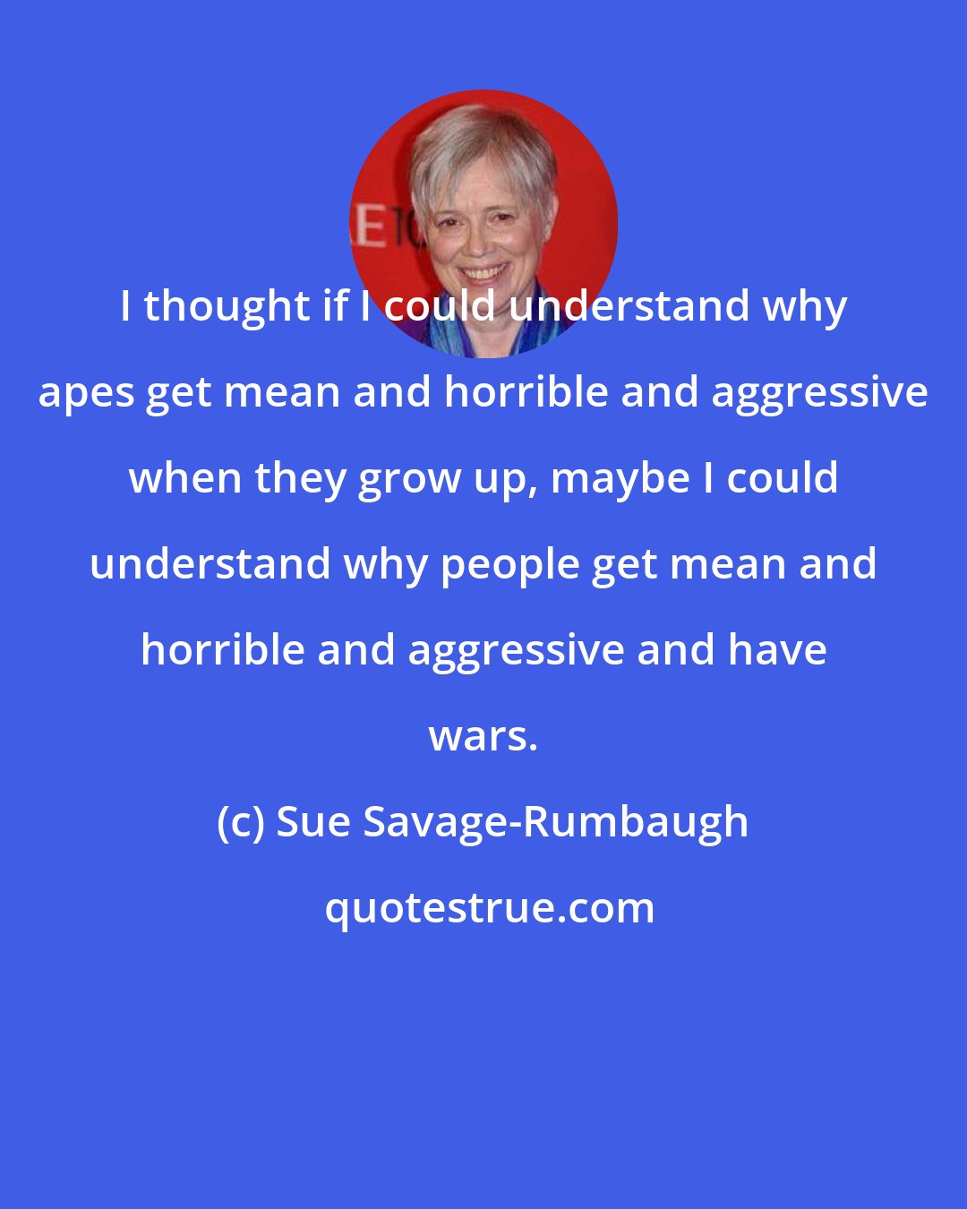 Sue Savage-Rumbaugh: I thought if I could understand why apes get mean and horrible and aggressive when they grow up, maybe I could understand why people get mean and horrible and aggressive and have wars.