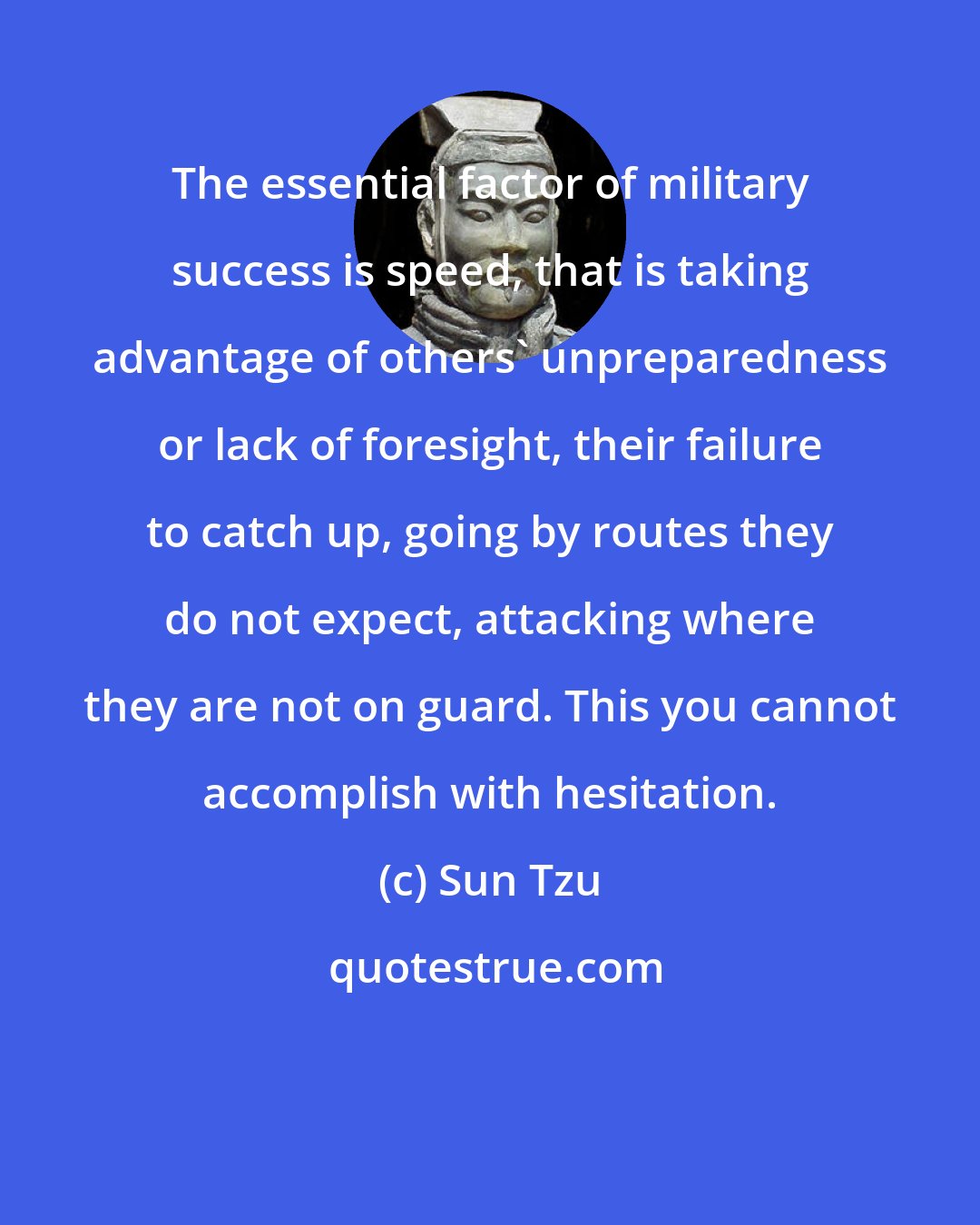 Sun Tzu: The essential factor of military success is speed, that is taking advantage of others' unpreparedness or lack of foresight, their failure to catch up, going by routes they do not expect, attacking where they are not on guard. This you cannot accomplish with hesitation.