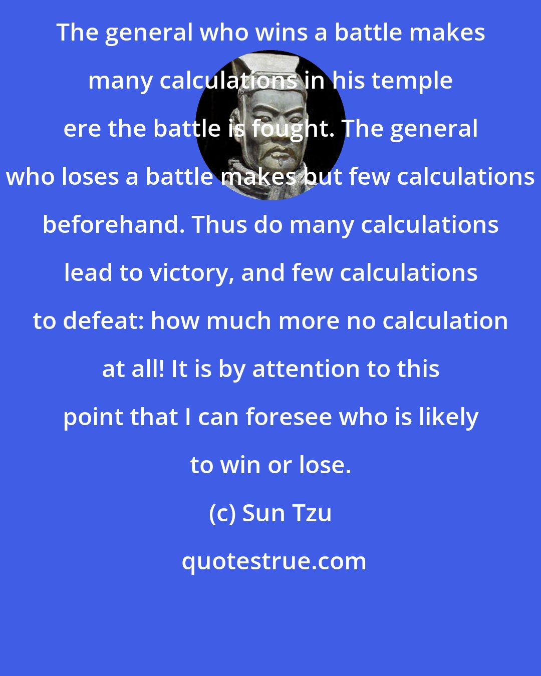 Sun Tzu: The general who wins a battle makes many calculations in his temple ere the battle is fought. The general who loses a battle makes but few calculations beforehand. Thus do many calculations lead to victory, and few calculations to defeat: how much more no calculation at all! It is by attention to this point that I can foresee who is likely to win or lose.