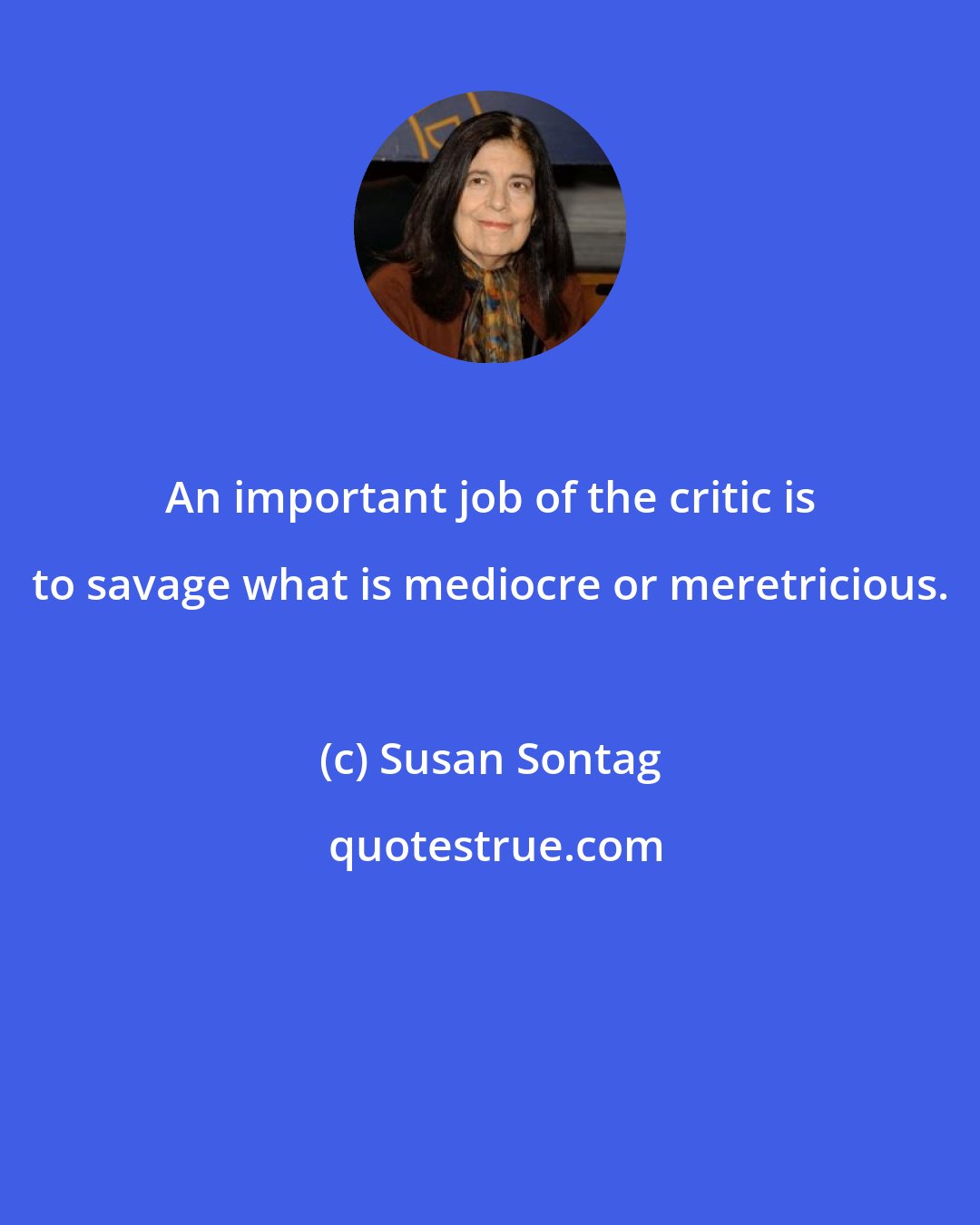 Susan Sontag: An important job of the critic is to savage what is mediocre or meretricious.