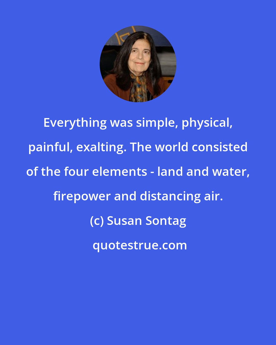 Susan Sontag: Everything was simple, physical, painful, exalting. The world consisted of the four elements - land and water, firepower and distancing air.