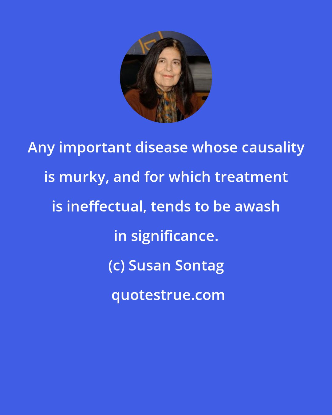 Susan Sontag: Any important disease whose causality is murky, and for which treatment is ineffectual, tends to be awash in significance.