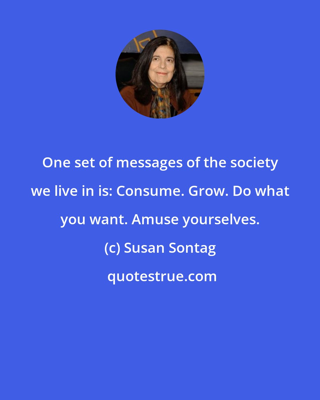 Susan Sontag: One set of messages of the society we live in is: Consume. Grow. Do what you want. Amuse yourselves.