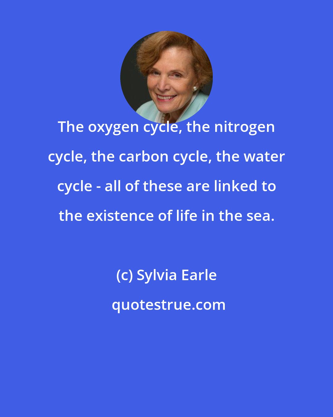 Sylvia Earle: The oxygen cycle, the nitrogen cycle, the carbon cycle, the water cycle - all of these are linked to the existence of life in the sea.