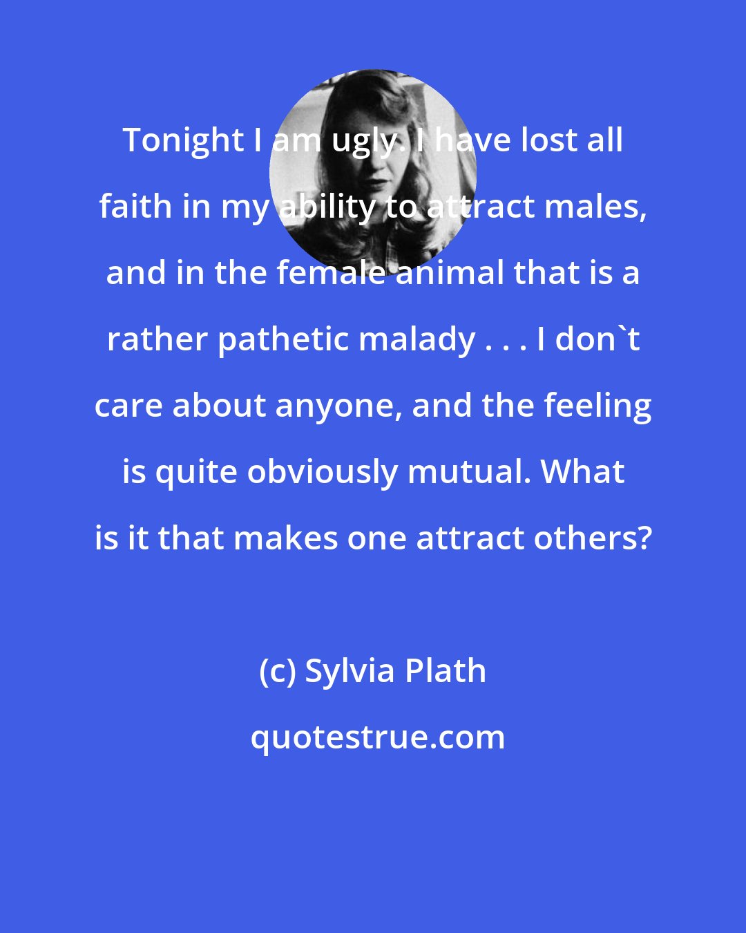 Sylvia Plath: Tonight I am ugly. I have lost all faith in my ability to attract males, and in the female animal that is a rather pathetic malady . . . I don't care about anyone, and the feeling is quite obviously mutual. What is it that makes one attract others?