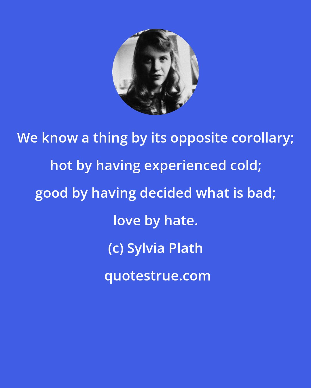 Sylvia Plath: We know a thing by its opposite corollary; hot by having experienced cold; good by having decided what is bad; love by hate.