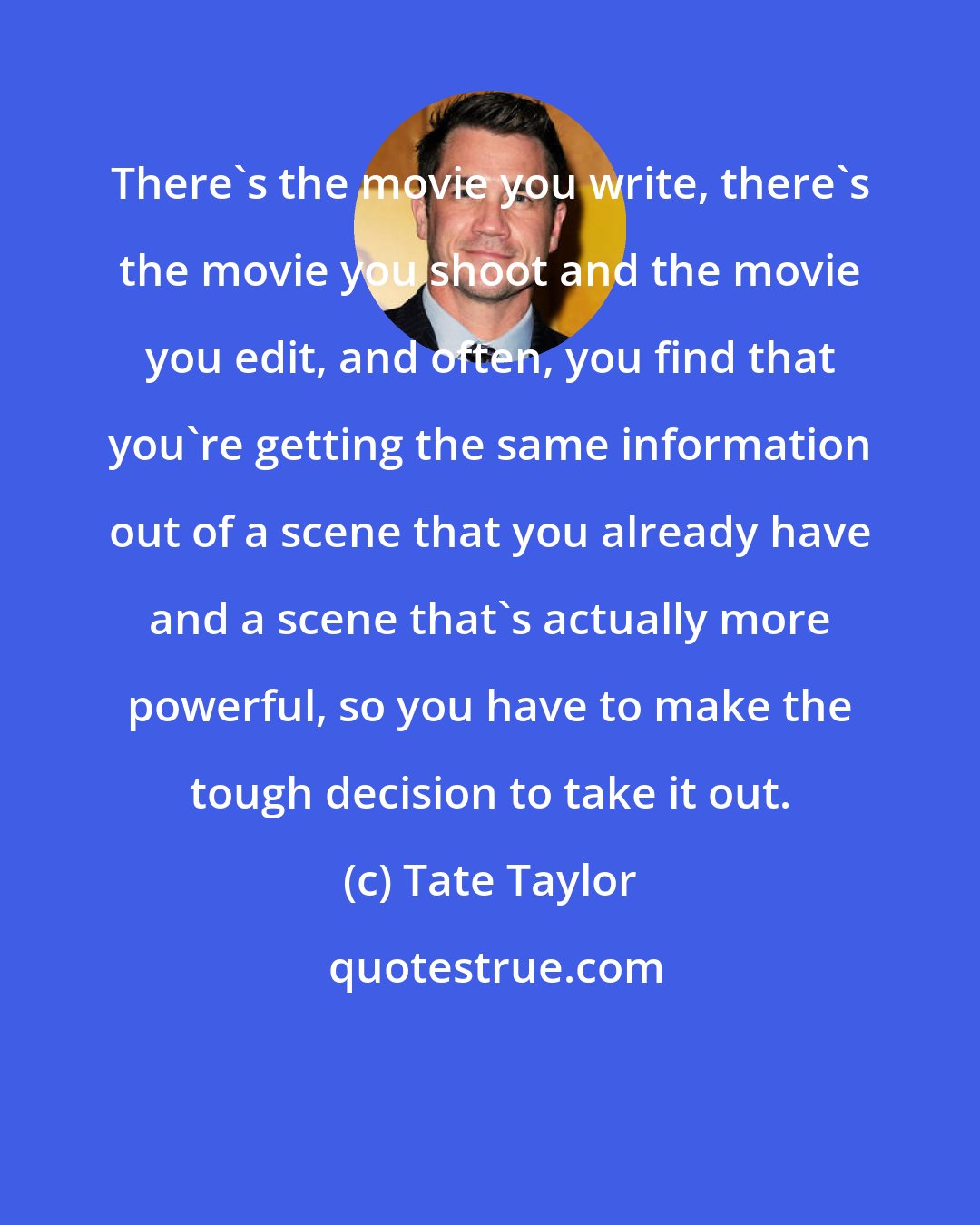 Tate Taylor: There's the movie you write, there's the movie you shoot and the movie you edit, and often, you find that you're getting the same information out of a scene that you already have and a scene that's actually more powerful, so you have to make the tough decision to take it out.