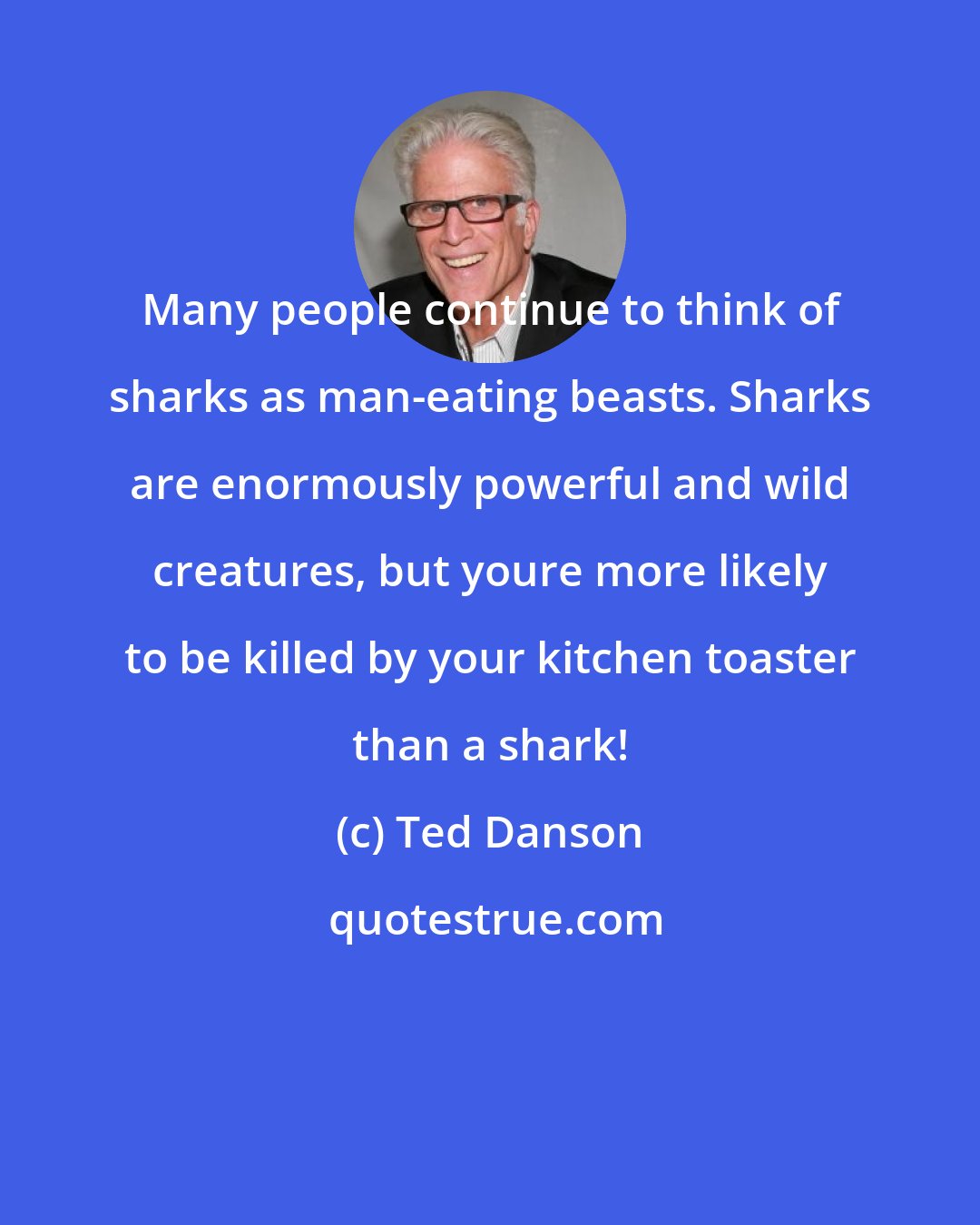 Ted Danson: Many people continue to think of sharks as man-eating beasts. Sharks are enormously powerful and wild creatures, but youre more likely to be killed by your kitchen toaster than a shark!