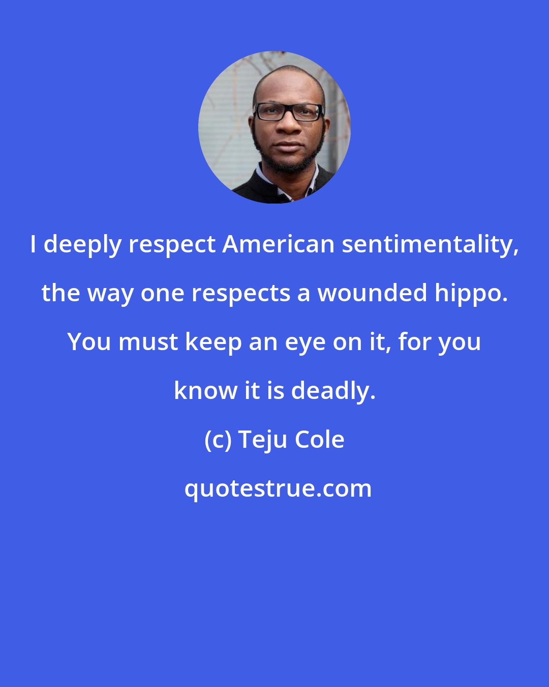 Teju Cole: I deeply respect American sentimentality, the way one respects a wounded hippo. You must keep an eye on it, for you know it is deadly.