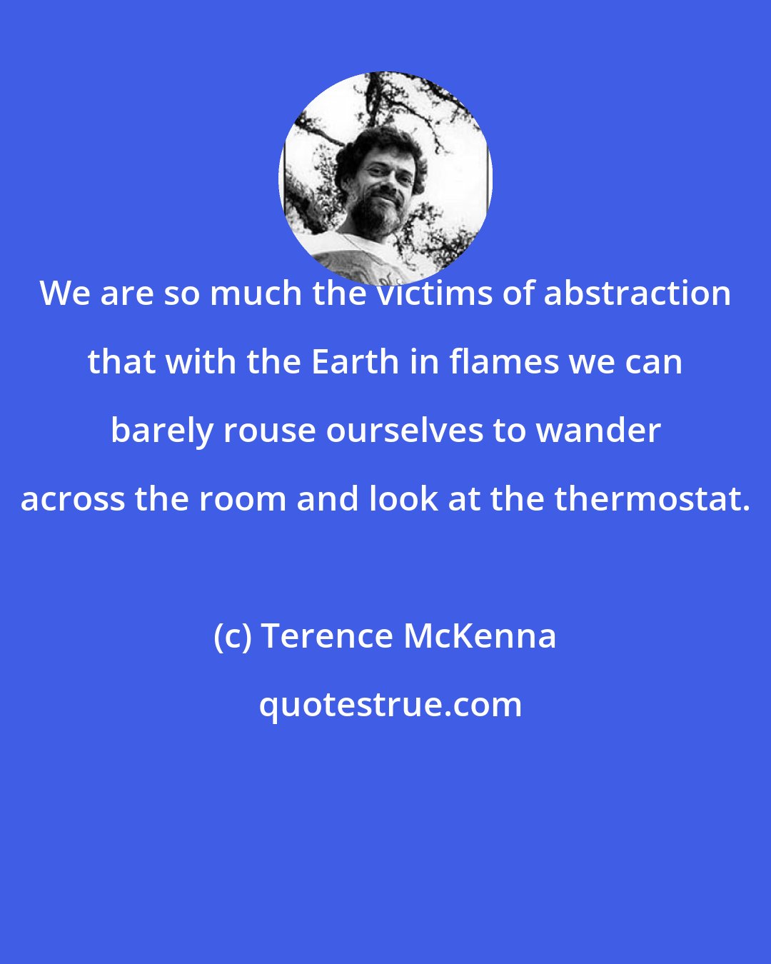 Terence McKenna: We are so much the victims of abstraction that with the Earth in flames we can barely rouse ourselves to wander across the room and look at the thermostat.