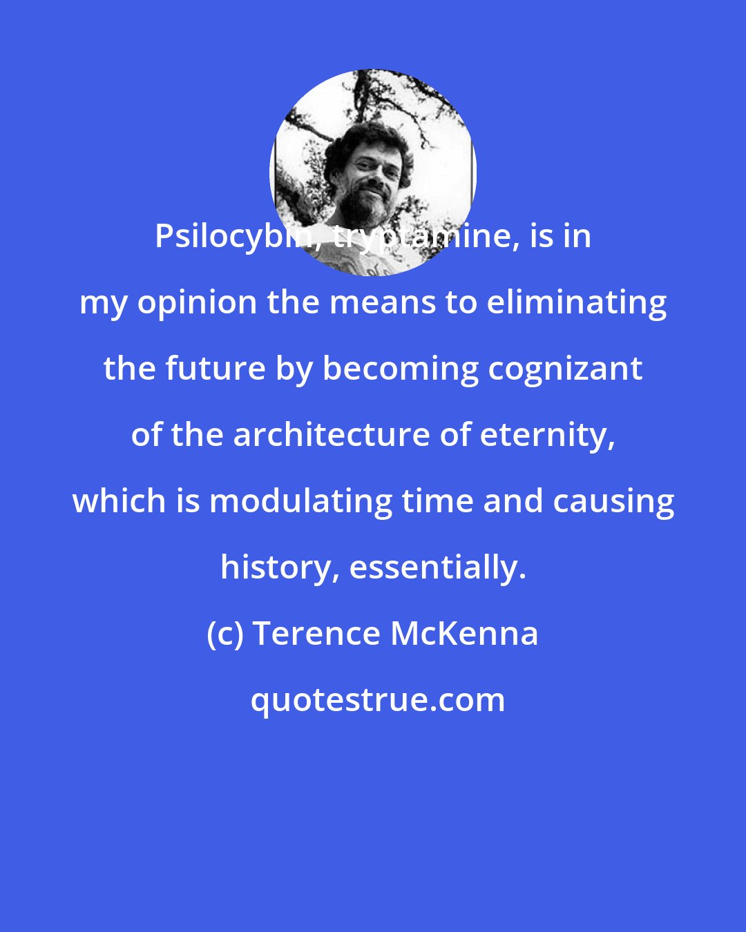 Terence McKenna: Psilocybin, tryptamine, is in my opinion the means to eliminating the future by becoming cognizant of the architecture of eternity, which is modulating time and causing history, essentially.