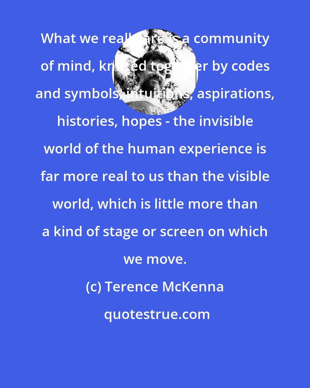 Terence McKenna: What we really are is a community of mind, knitted together by codes and symbols, intuitions, aspirations, histories, hopes - the invisible world of the human experience is far more real to us than the visible world, which is little more than a kind of stage or screen on which we move.