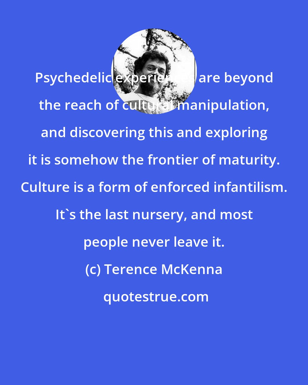 Terence McKenna: Psychedelic experiences are beyond the reach of cultural manipulation, and discovering this and exploring it is somehow the frontier of maturity. Culture is a form of enforced infantilism. It's the last nursery, and most people never leave it.