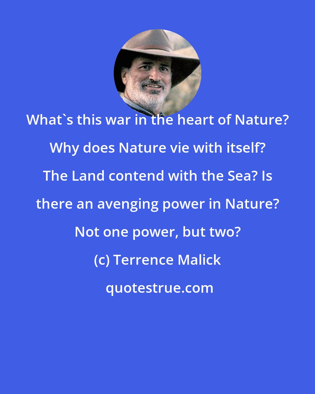 Terrence Malick: What's this war in the heart of Nature? Why does Nature vie with itself? The Land contend with the Sea? Is there an avenging power in Nature? Not one power, but two?