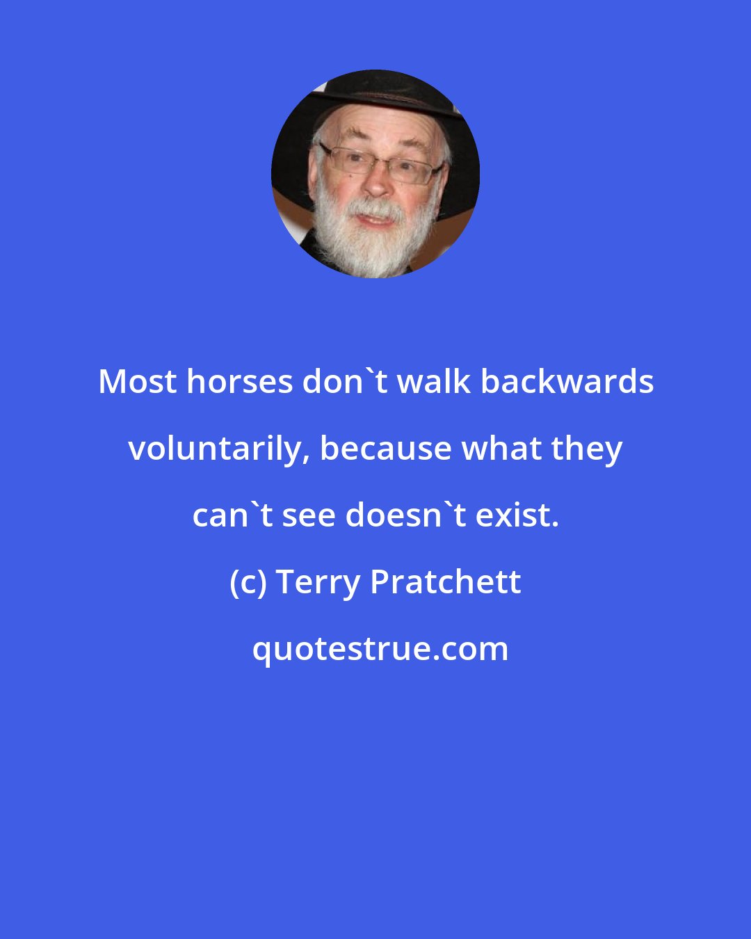 Terry Pratchett: Most horses don't walk backwards voluntarily, because what they can't see doesn't exist.