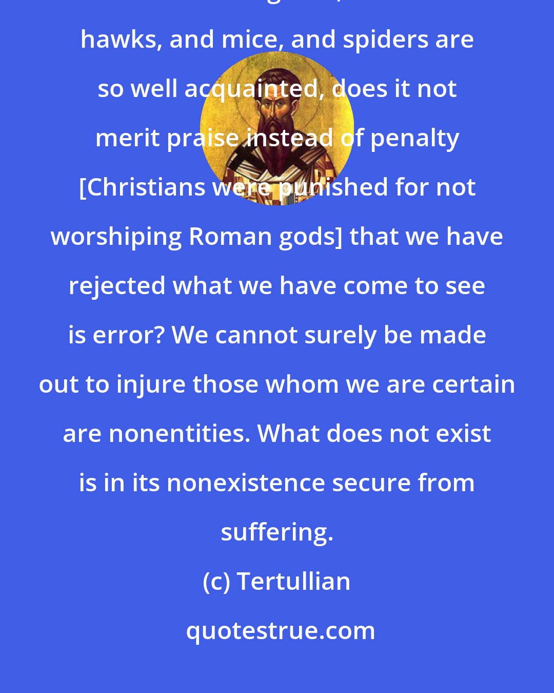 Tertullian: If we refuse our homage to statues and frigid images, the very counterpart of their dead originals, with which hawks, and mice, and spiders are so well acquainted, does it not merit praise instead of penalty [Christians were punished for not worshiping Roman gods] that we have rejected what we have come to see is error? We cannot surely be made out to injure those whom we are certain are nonentities. What does not exist is in its nonexistence secure from suffering.