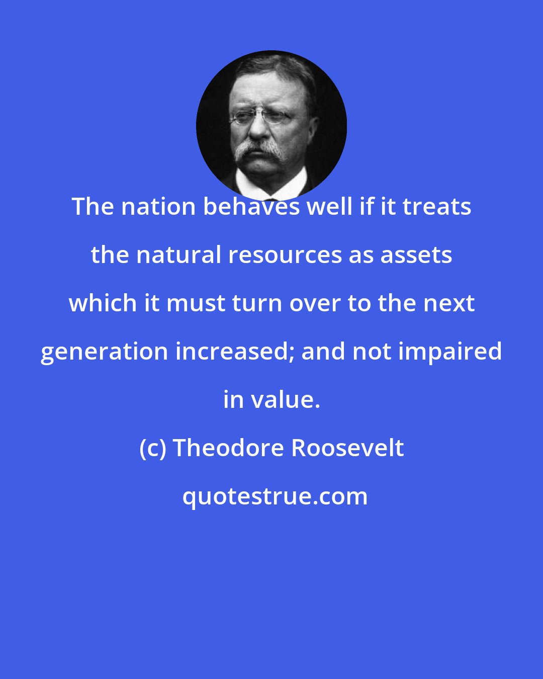 Theodore Roosevelt: The nation behaves well if it treats the natural resources as assets which it must turn over to the next generation increased; and not impaired in value.