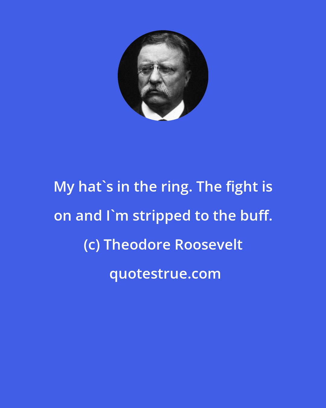 Theodore Roosevelt: My hat's in the ring. The fight is on and I'm stripped to the buff.