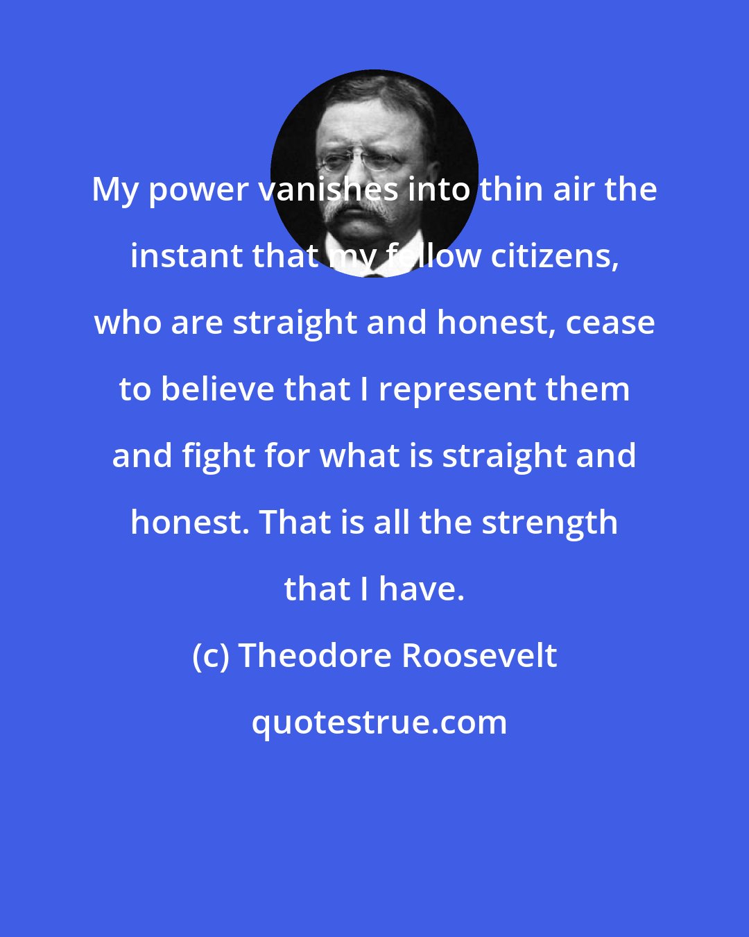 Theodore Roosevelt: My power vanishes into thin air the instant that my fellow citizens, who are straight and honest, cease to believe that I represent them and fight for what is straight and honest. That is all the strength that I have.